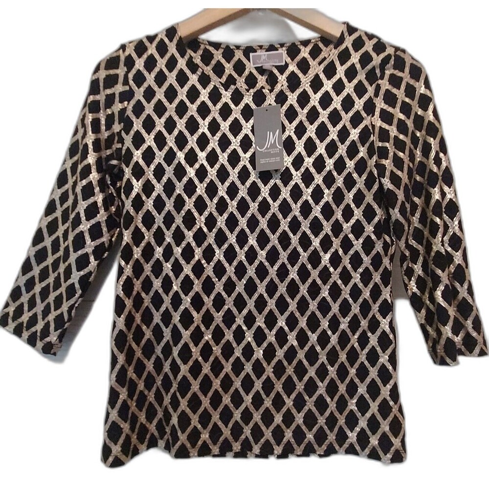 JM Collection Top Metallic Tunic Black PS Small Gold Jacquard